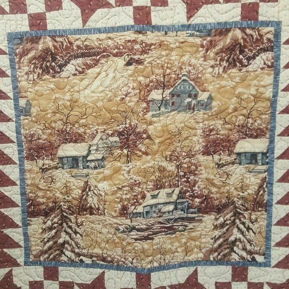 Wall Hanging Rustic Cabin Scenery Red Brown Beige - Picture 2 of 6